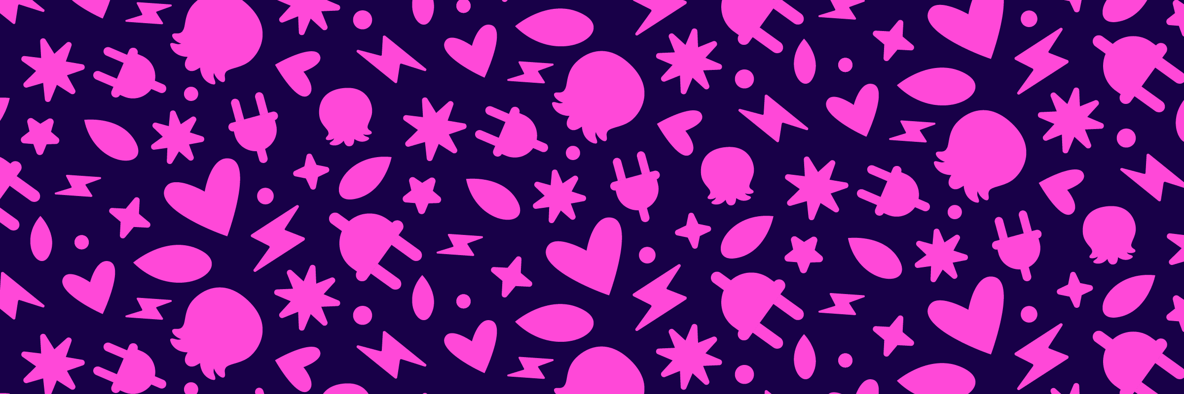 Pink abstract shapes, including hearts, stars, and lightning bolts, scattered on a dark purple background.