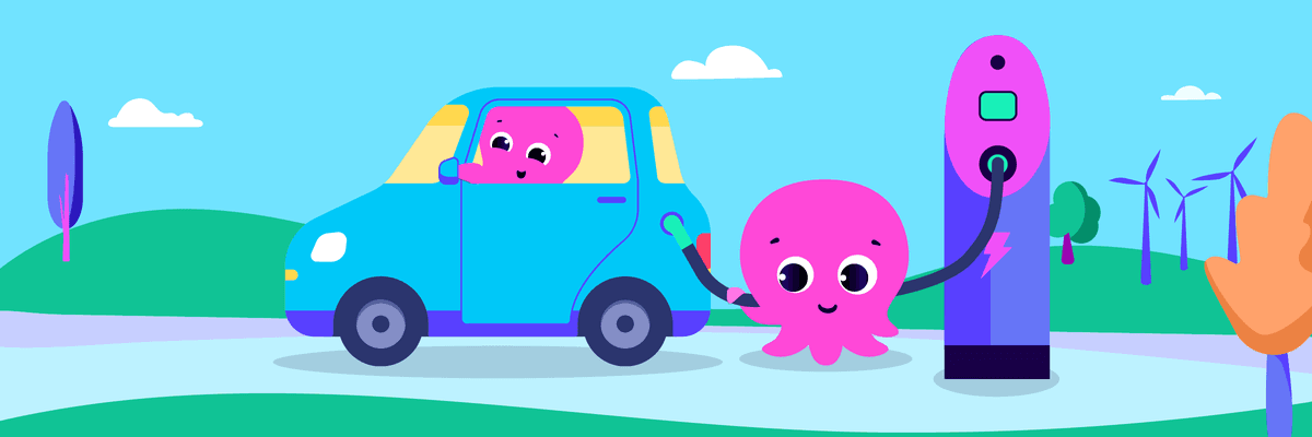 Cartoon octopus charging EV