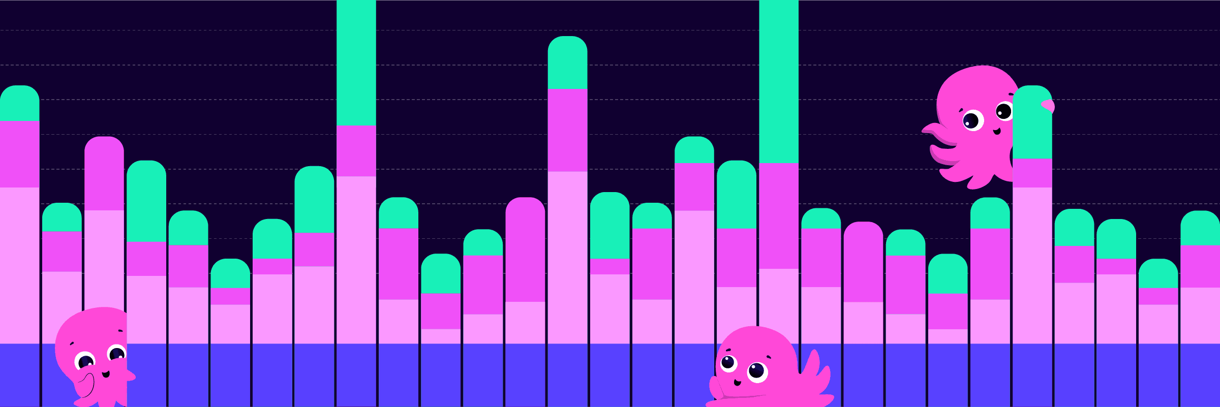 Playful pink octopuses peeking among colorful stacked rounded bars in purple, pink, and green on a dark background.