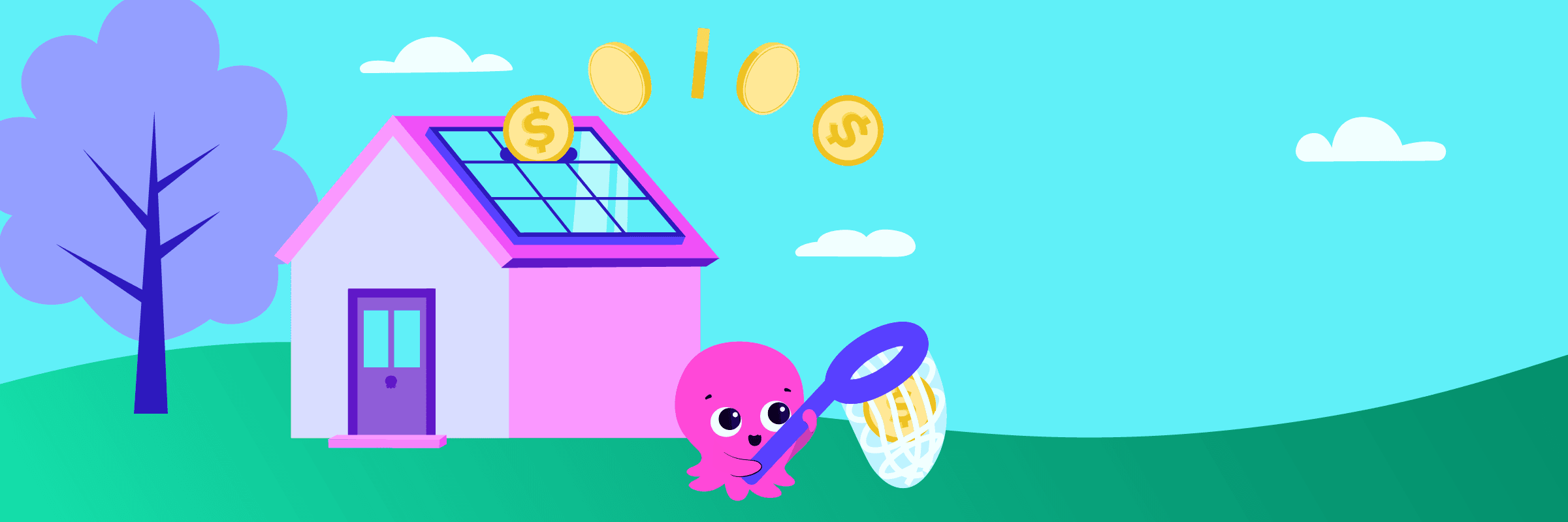 Cartoon octopus catching coins with a net near a house with solar panels, set against a bright landscape with a tree and clouds.