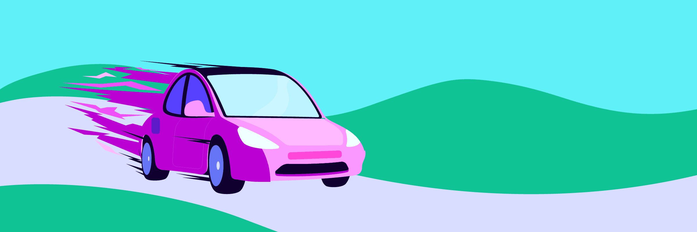 Illustration of a pink car with motion lines driving fast on a winding road, with green hills and a blue sky in the background.