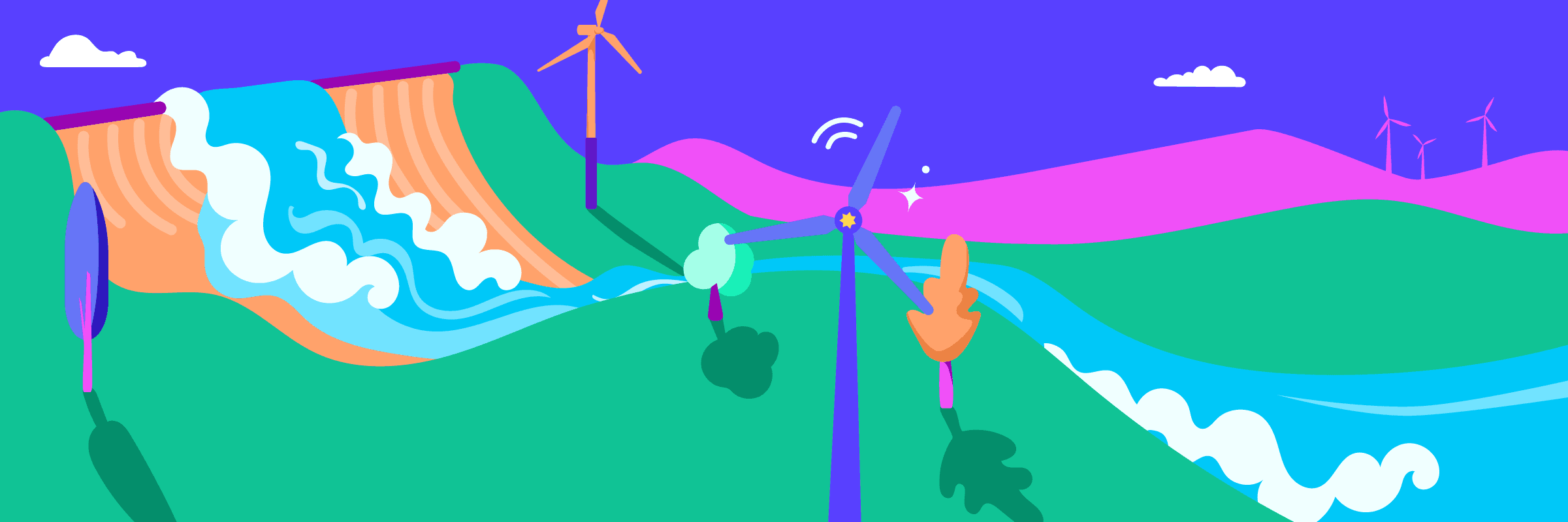 Colourful illustration of a hilly landscape with wind turbines, a flowing river, and waterfalls against a vibrant purple sky.