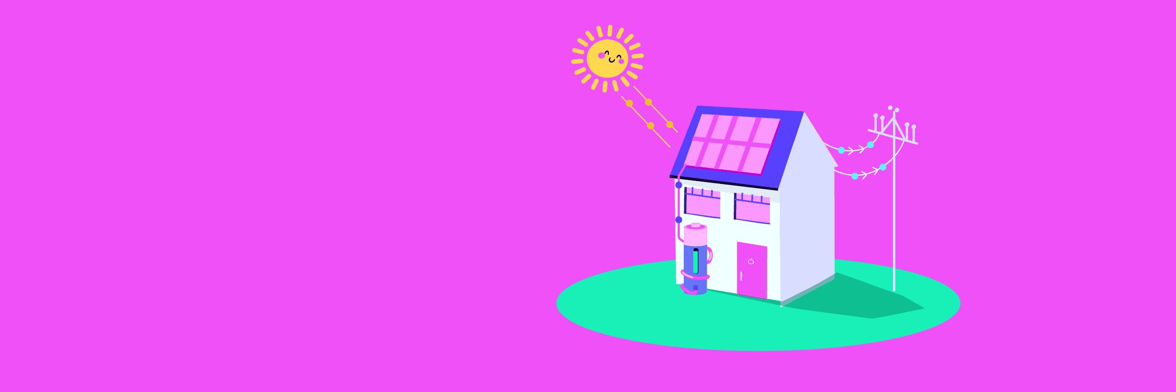 Illustration of a house with solar panels, a smiling sun, and a satellite dish on a bright pink background.