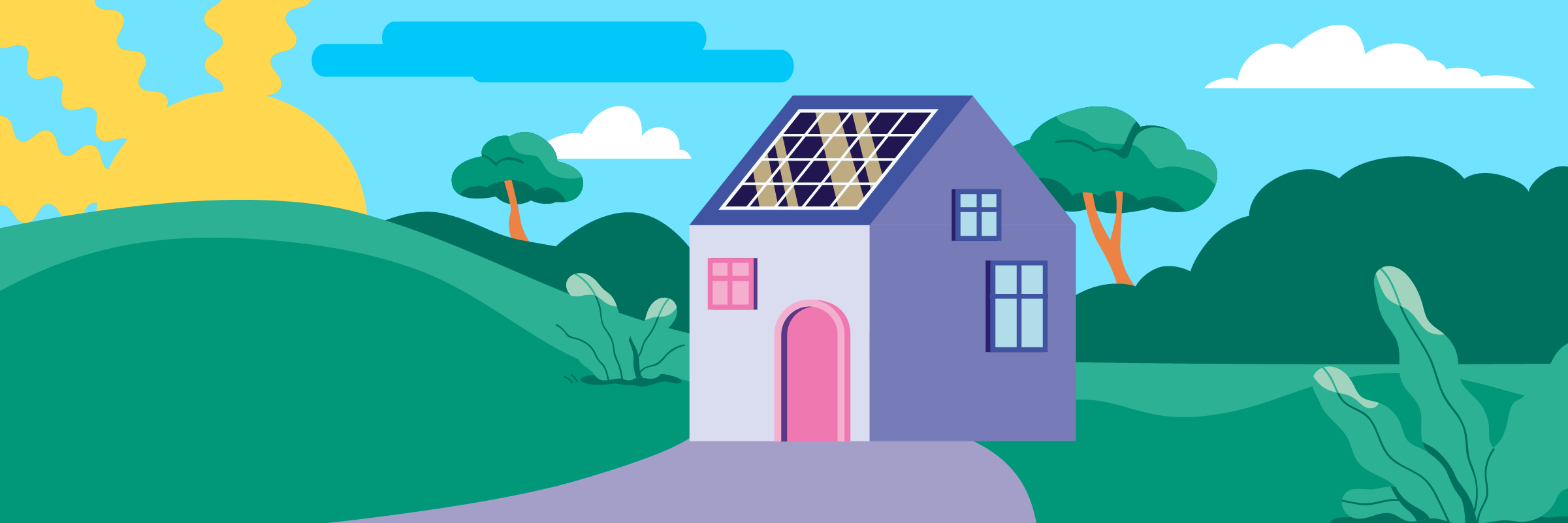 Illustration of a house with solar panels on the roof, set in a green landscape with trees and a sun rising in the background.