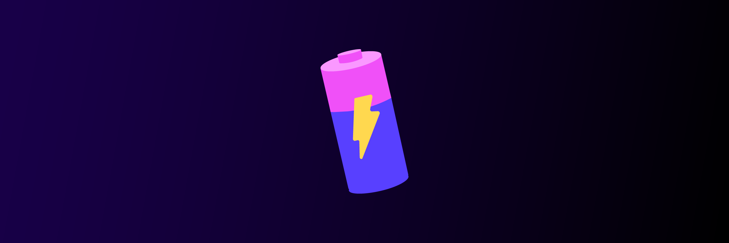 Illustration of a colorful battery on a dark purple background, featuring a pink top, purple bottom, and a yellow lightning bolt symbol in the center.