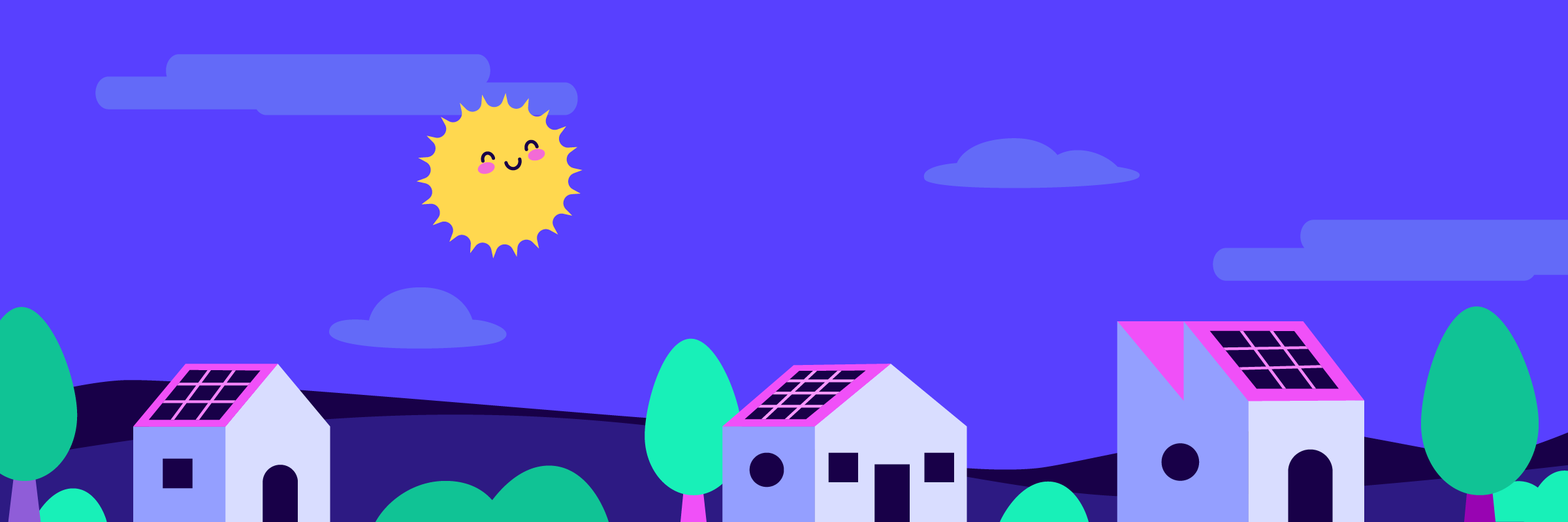 A cheerful sun with a smiling face in a purple sky above green trees and houses with solar panels.