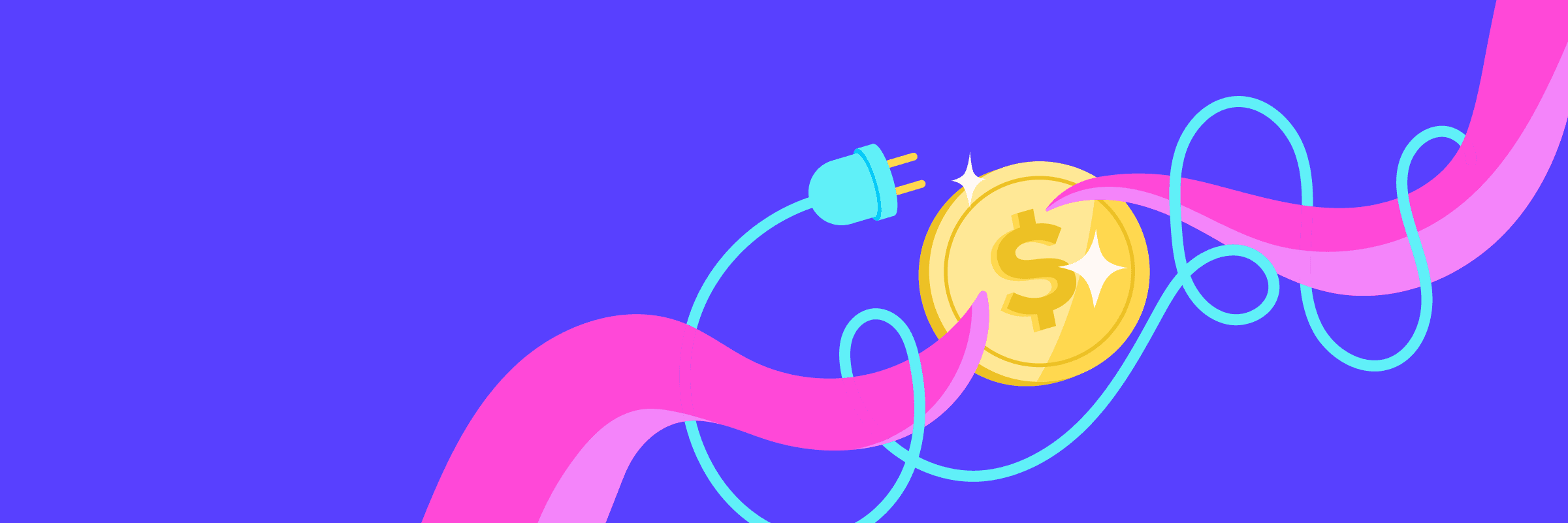 A gold coin with a dollar sign entwined by a pink and blue cord with a plug, set against a purple background.