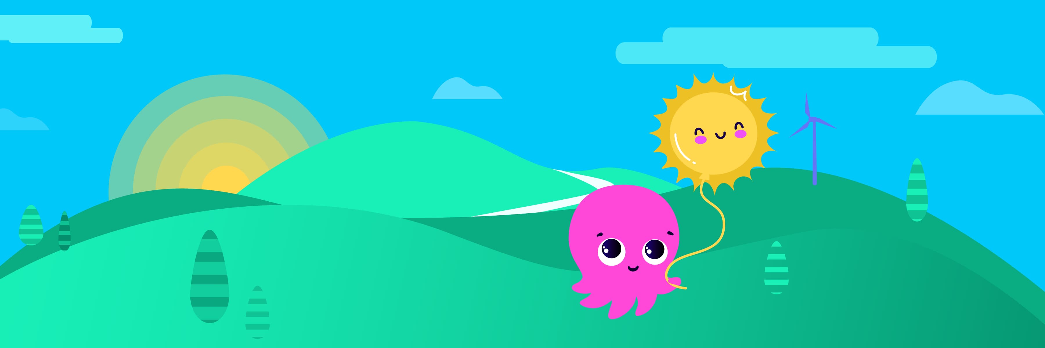 A cute pink octopus holds a smiling sun balloon against a bright, cartoonish landscape with green hills, trees, and a wind turbine.