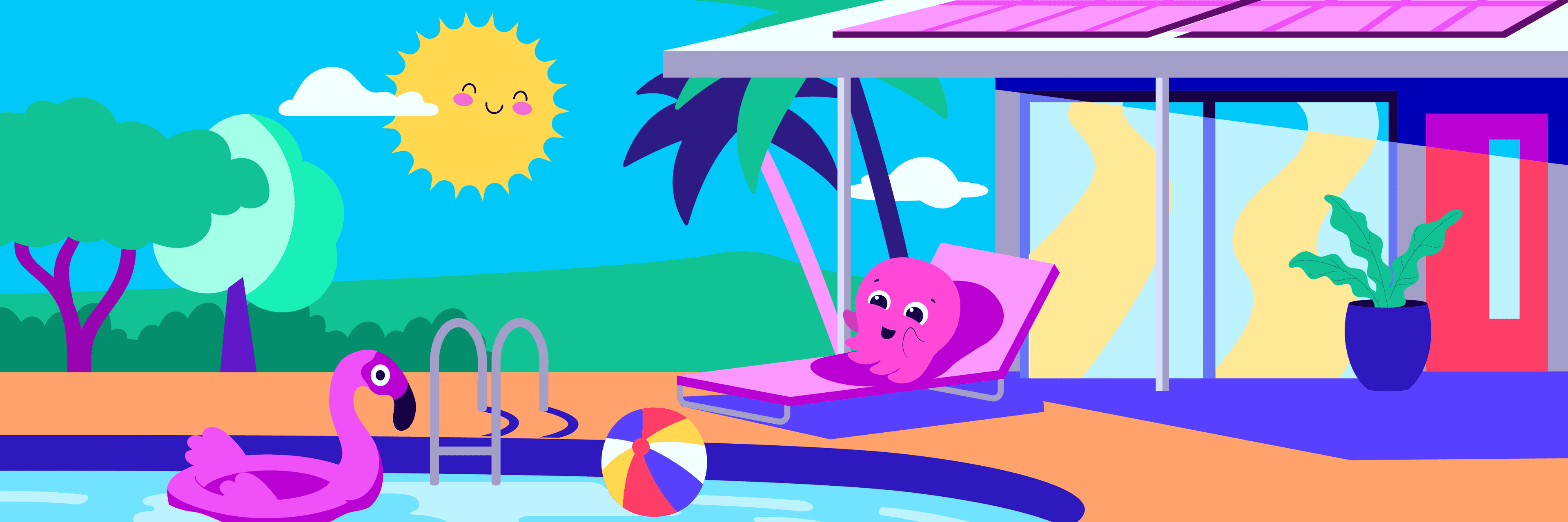 Illustration of a house and pool in Summer