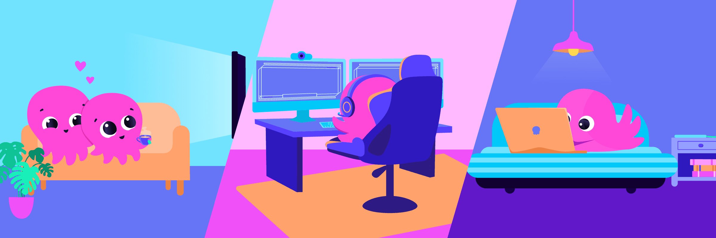 Illustration of cartoon octopuses using different appliances